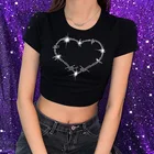 Женская хлопковая Футболка Y2K, черная, красная, укороченная футболка с кристаллами, летняя, уличная одежда в стиле 90-х