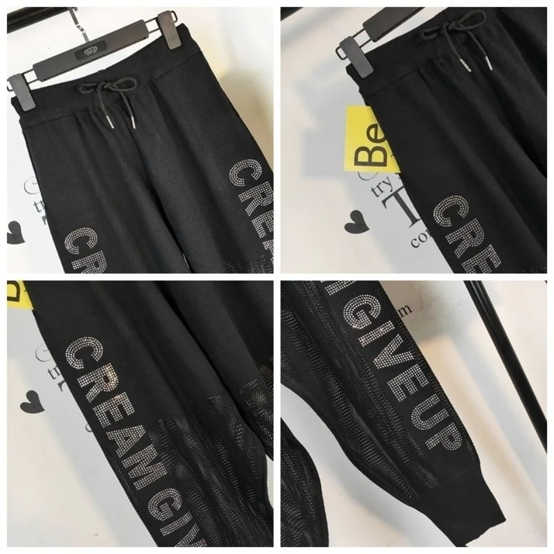 Джоггеры женские на шнуровке спортивные брюки Стразы летние свободные вязаные