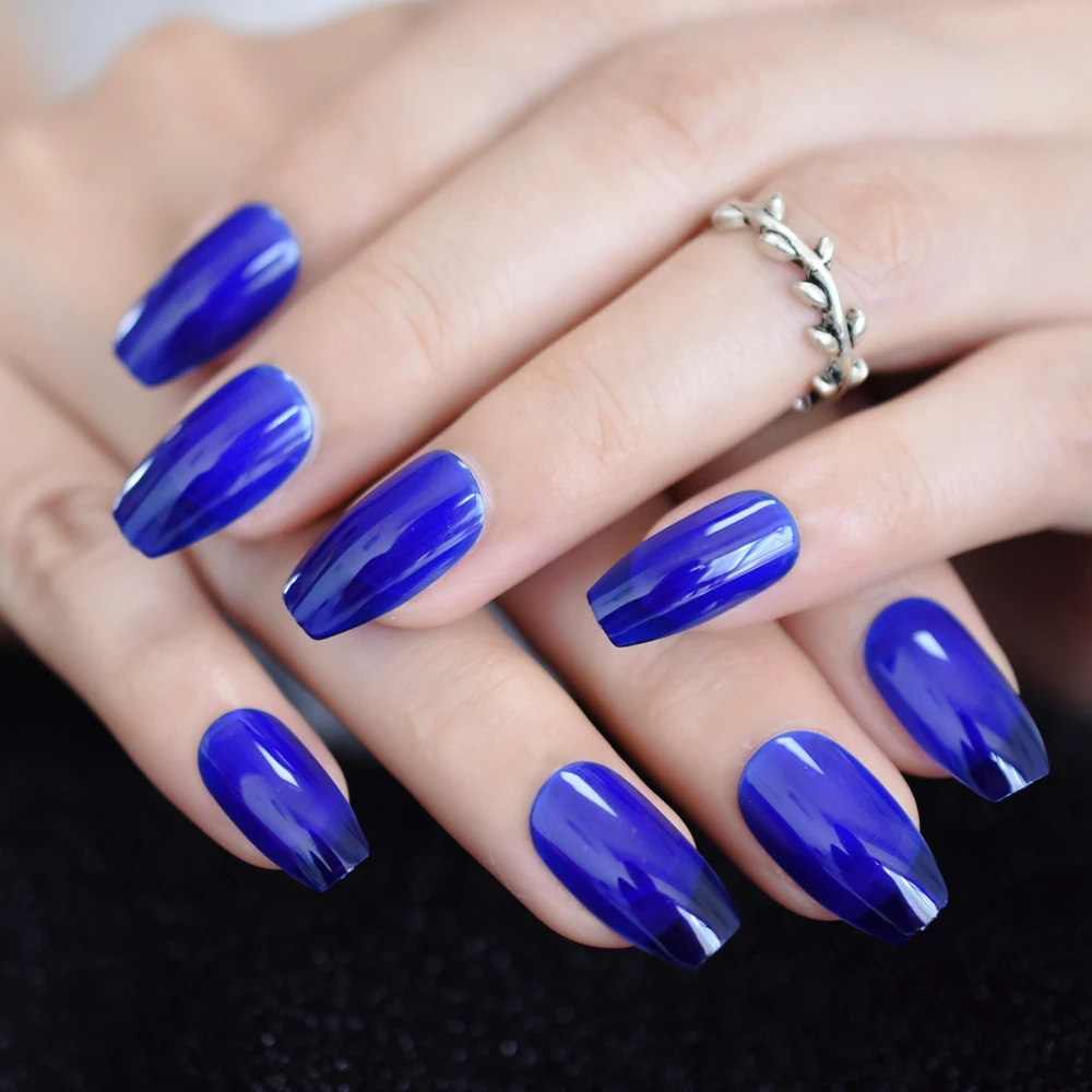 Глянцевый синий пресс на поддельные ногти гроб 24 шт УФ гель балерины накладные
