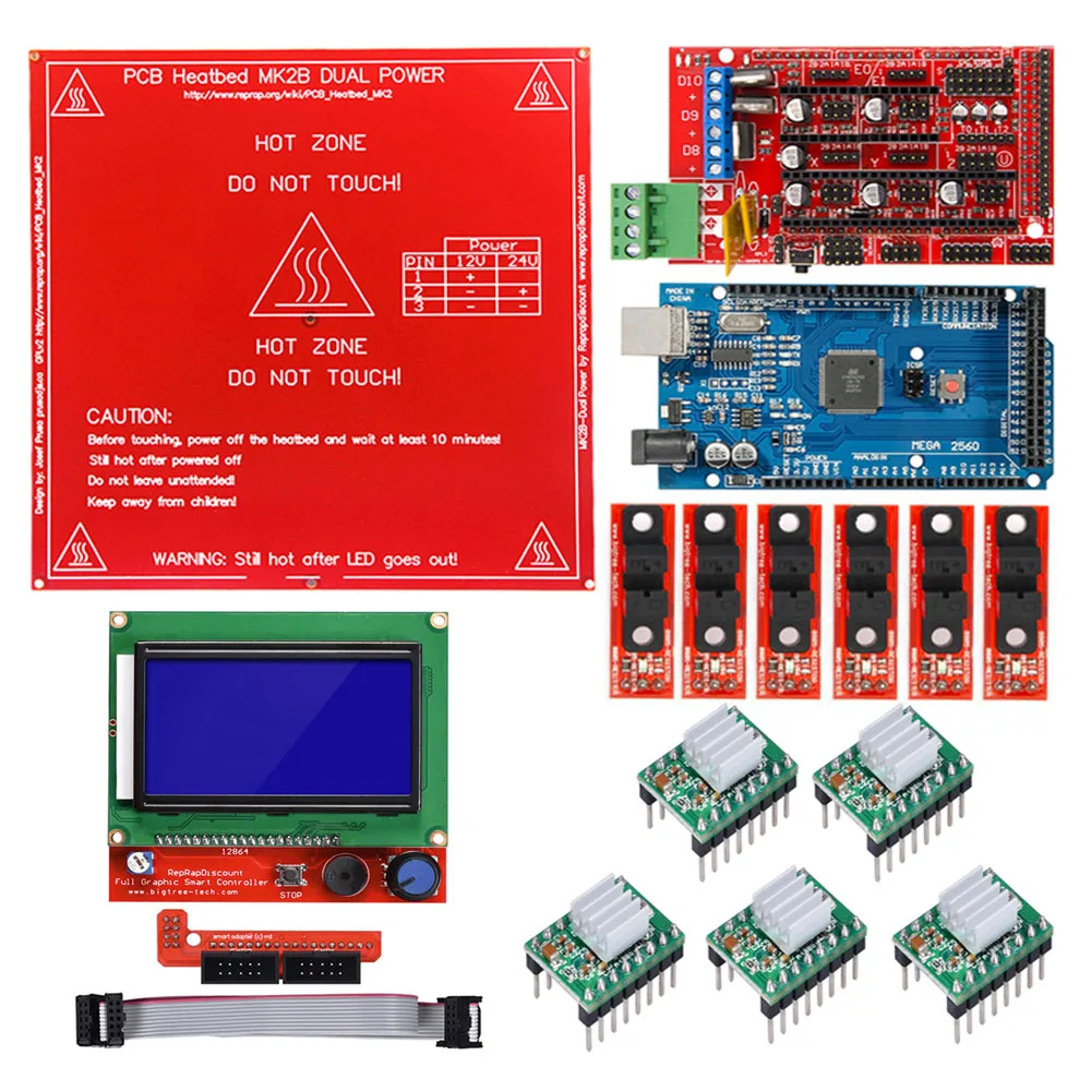 Комплект RAMPS 1 4 Mega 2560 R3 + MK2B контроллер 12864 LCD 5x A4988 для Arduino 6x оптический