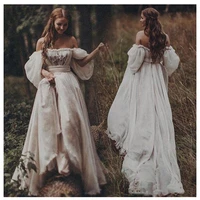 puff sleeves a line chiffon country wedding dresses off shoulder aplique long train boho beach bridal gown romantic bride dress