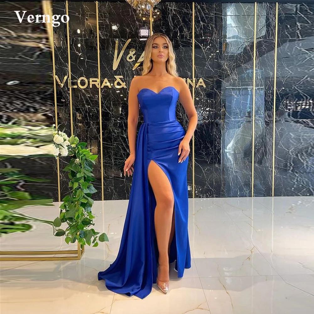 

Verngo Blue/Dark Green/Dusty Pink Satin Long Prom Dresses Simple Sweetheart Pleats Side Slit Evening Party Gowns Dubai Women