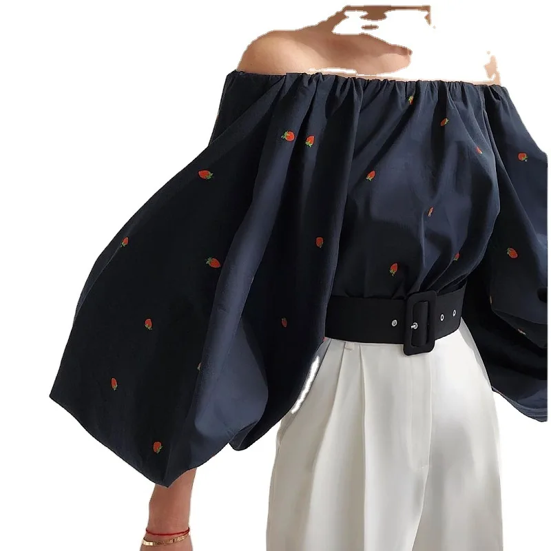 

Summer Black Strawberry Printed Shirt Women Blouses White Shirt Off The Shoulder Causal Blouse Female Sexy Tops Evening Party