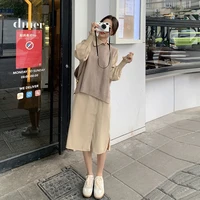 winter 2021 new mid length knitted vest sweater suit two piece cardigan dress ins super fire dress suitskirt suits