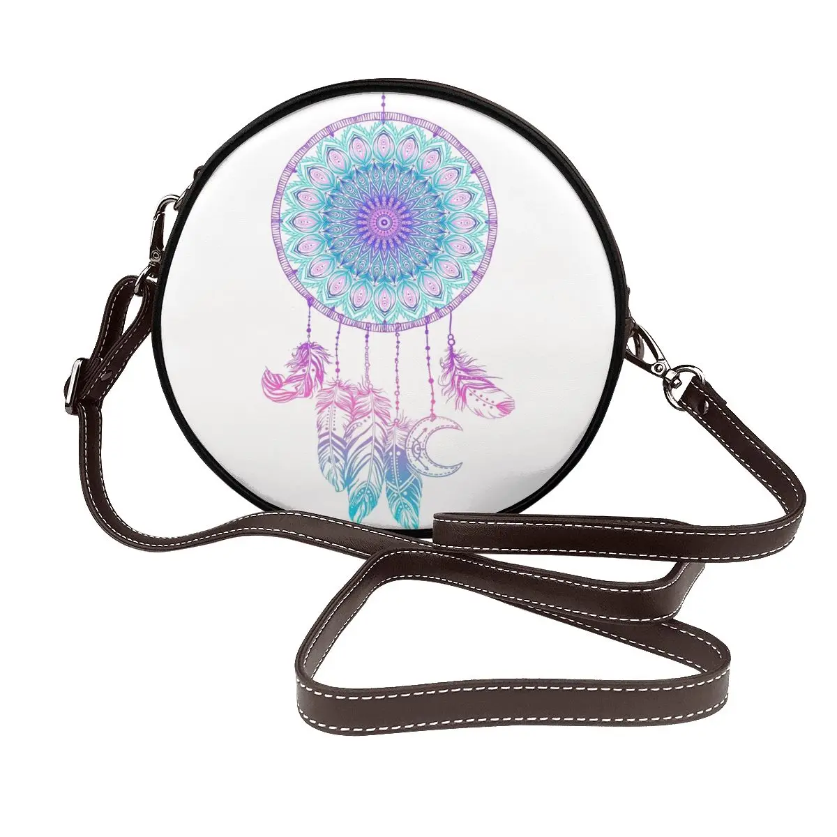 

Mandala In Dreamcatcher Bohemian Shoulder Bag Lifestyle Gift Retro Round Bag Leather Outdoor Woman Purse