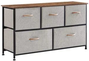 Dresser Storage Organizer 5 Drawer Dressing Table Tower Unit with Wide Sturdy Steel Frame Wood Top 100x30x55CM[US-Stock]
