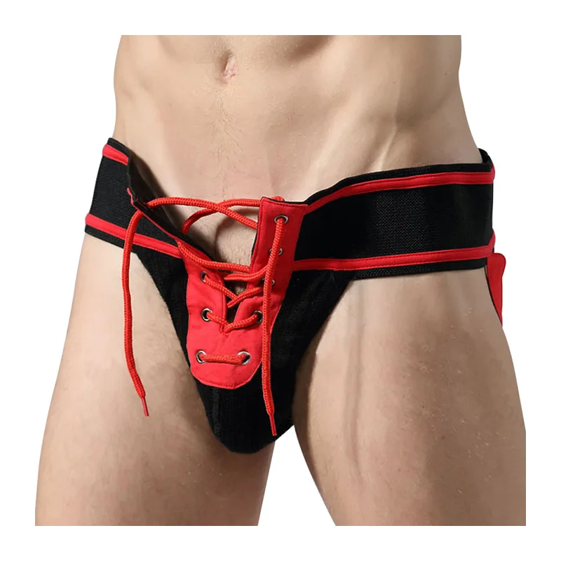 Sexy Mens Jockstrap Underwear Lace Up Tanga Hombre Gay Wide Waistband Front Lacing Sous Vetement Homme Sexy Hot Underpants