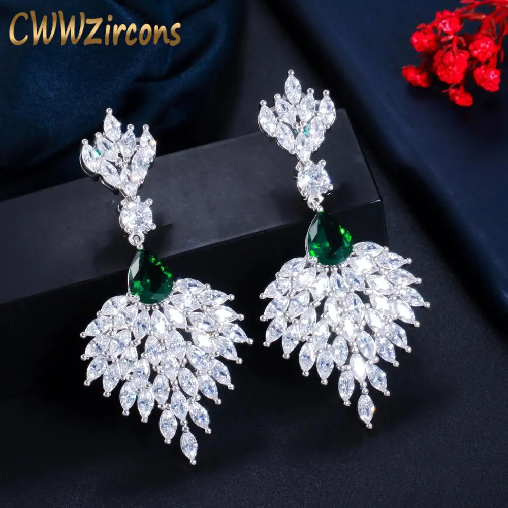 CWWZircons-pendientes de circonia cúbica verde para mujer, aretes colgantes de pluma larga, accesorios de joyería para Banquete de boda, CZ794