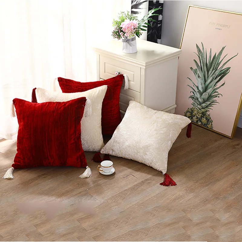 Бархатный Чехол для подушки однотонный чехол с кисточками и кружевом дивана