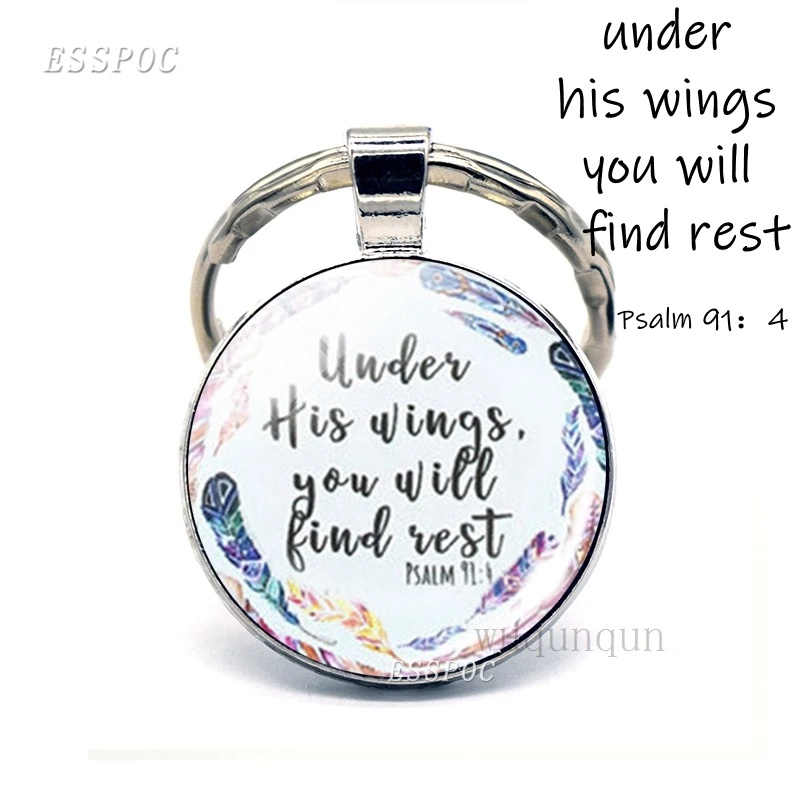 Брелок для ключей под его крыльями вы найдете упор с Библией и цитатой брелок