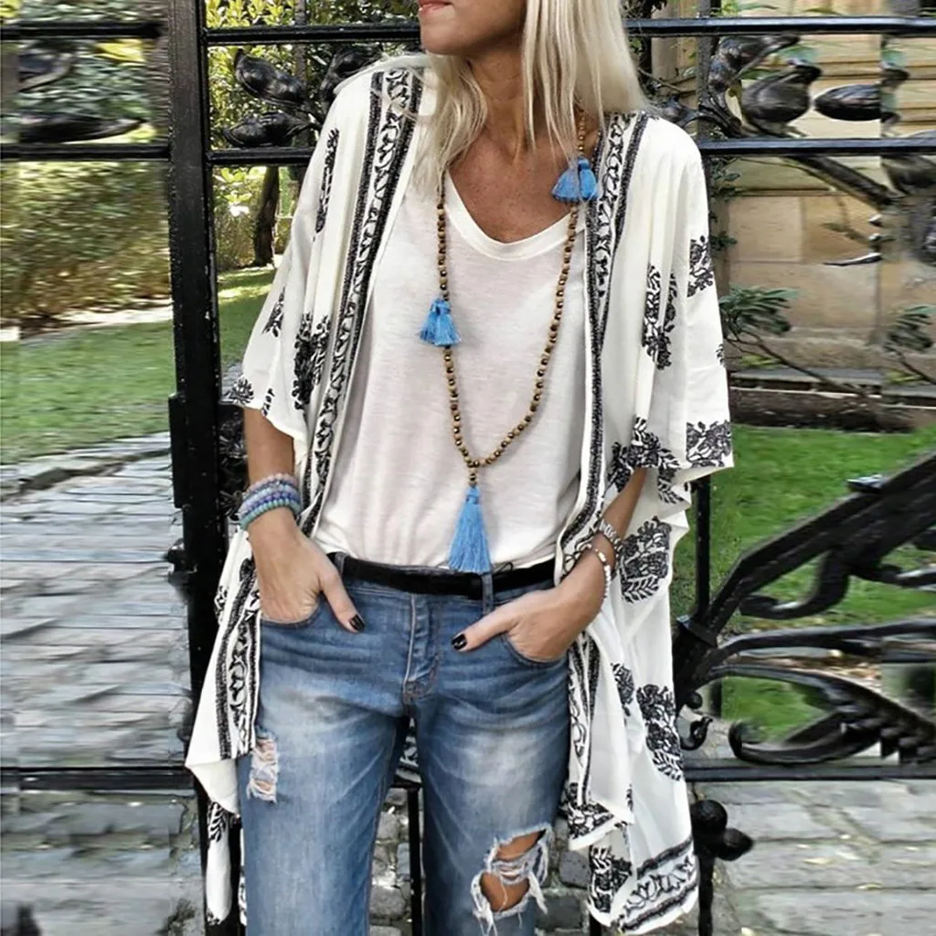 Фото Женский шифоновый кардиган в стиле бохо Повседневная Свободная блузка с принтом