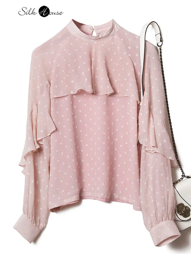 

Розовый шелковая рубашка для женщин стиль; Новинка; В стиле ретро; С рукавами-фонариками; Модные в иностранном стиле Круглый воротник шелк т...