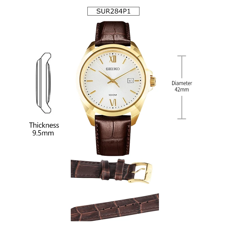 SEIKO Официальный продукт часы Мужские Простые кварцевые часы бизнес тренд мужские часы водонепроницаемые мужские наручные часы - Цвет: SUR284P1 gold