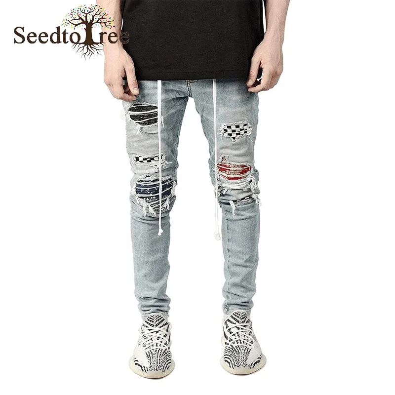 Men's Hole Casual Jeans Men Straight Slim Denim Trousers