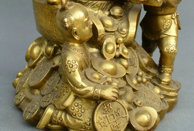 

Collect Chinese fengshui old bronze boy yuanbao money stone mill fortune statue