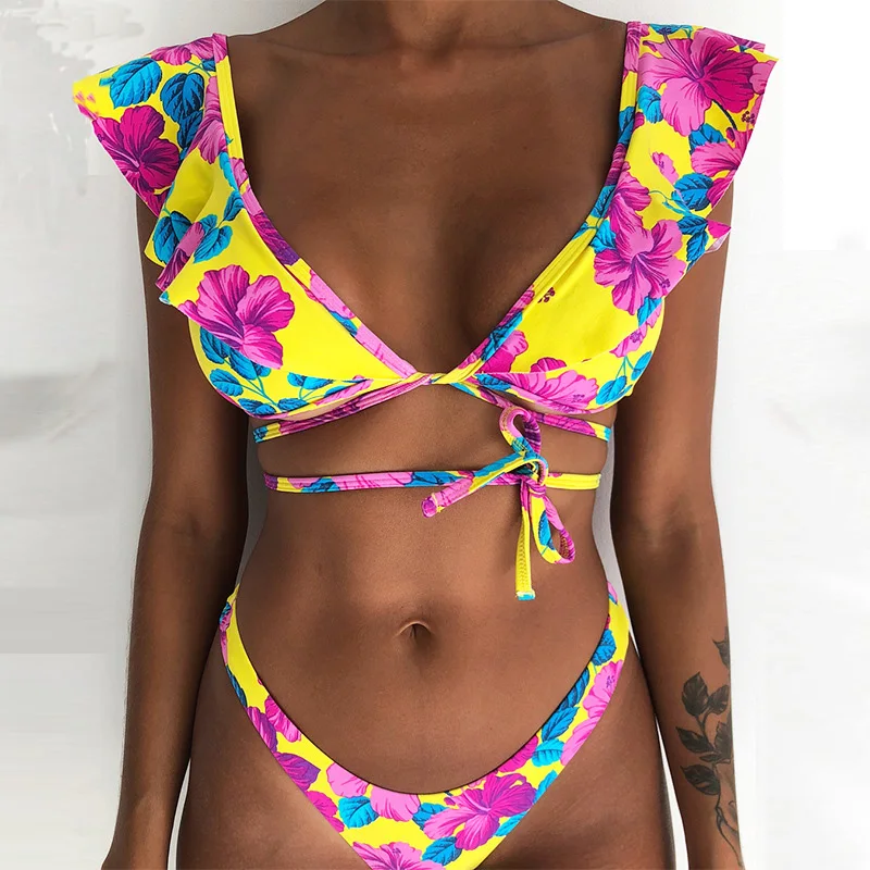 

Beach Bikini Set 2021 Woman Sexy Front Lace Up Tie Strapless Leopard Swimsuit Female Push Up Ruffled Bow Bathing Suit Swimwear