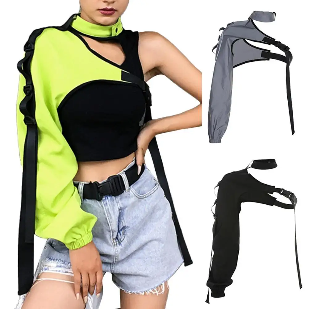 

Women Chic Choker One Long Sleeve Strap Buckle Reflective Halter Smock Blouse