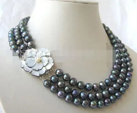 

P3394 - AAA 3row 17-19" 8-9mm natural black round freshwater pearl necklace -