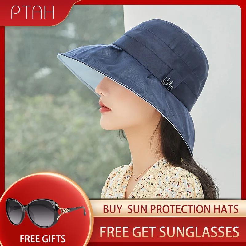 

[PTAH] Summer New Women's Sun Hats 100% Mulberry Silk Hats UPF 50+ UV Protection Breathable Lightweigh Caps Female Not Polyester