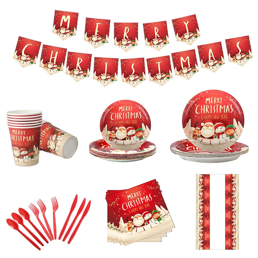 

Christmas Paper Tableware Set Xmas Tablecloth Plates Napkins Kits Wedding Birthday Party Guesting Dining Supplies
