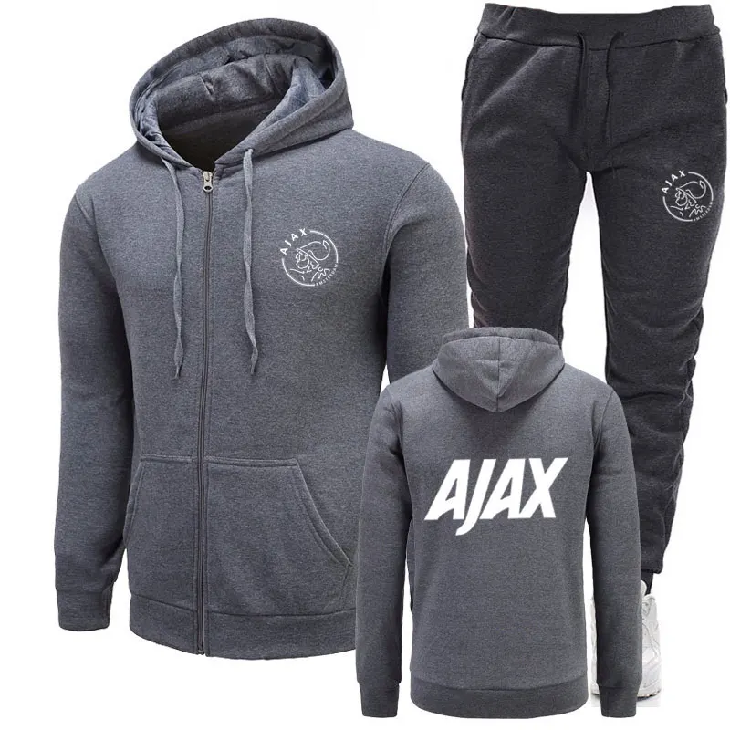 Новинка, спортивный костюм, модные AJAX мужские спортивные толстовки, комплекты из двух предметов, хлопковая флисовая плотная толстовка с капюшоном+ штаны, спортивный костюм для мужчин - Цвет: Dark Gray