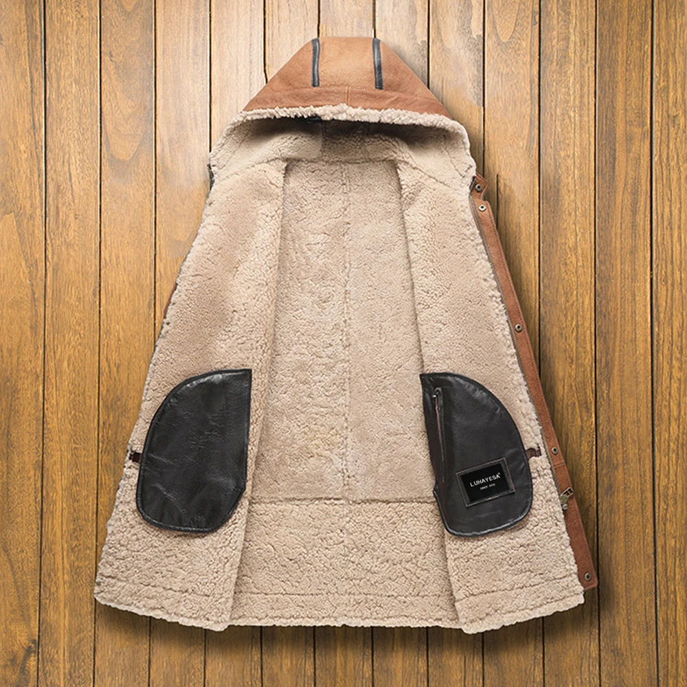 LUHAYESA мужское зимнее теплое пальто с капюшоном из овечьей шерсти желтое меховое |