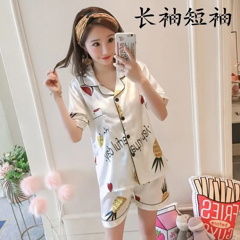 

Spring and summer silk pajamas women's summer short sleeve shorts two piece suit household clothes women's summer loose ice silk