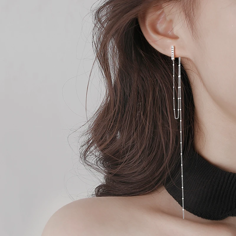 

Trendy Long Chain Tassel Drop Earrings For Women Dangle Zircon Fashion Statement Wedding Party Jewelry Gold Silver Color Gifts