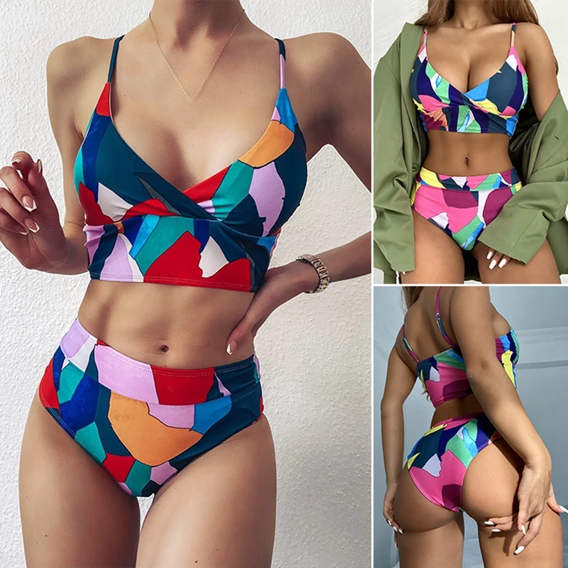 

Geometric Print Swimsuit Women Sexy V Neck Bikini Retro Push Up Swimwear Women Bathers Swimsuit Bathing Suit