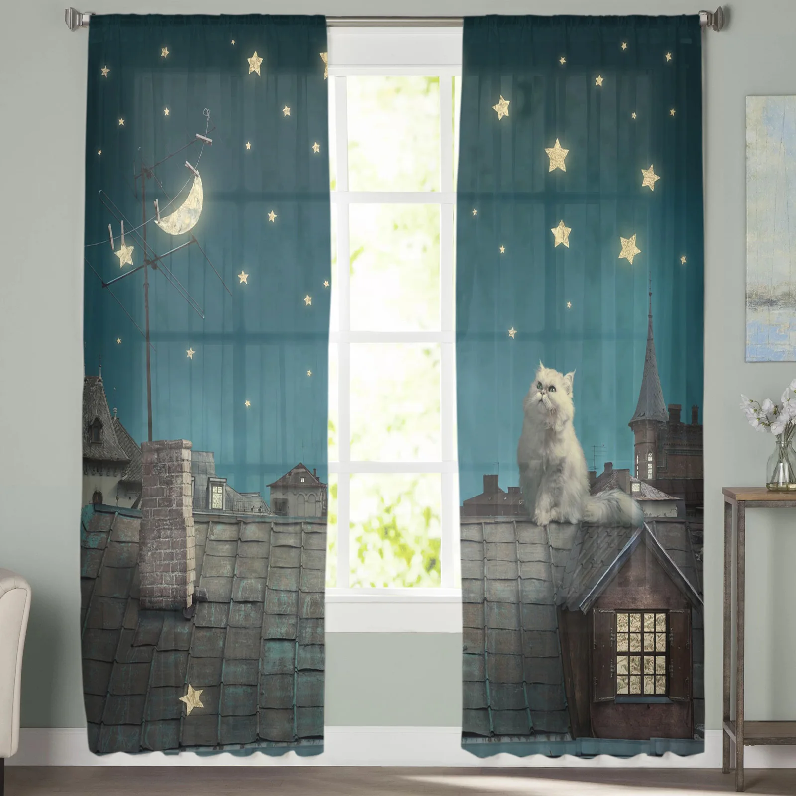 Тюлевые занавески с изображением котят и звезд на крыше шторы из вуали для