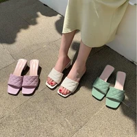 2020 summer slippers chunky heel youth chunky heel semi high heeled ultra fine plaid rubber daily womens slippers