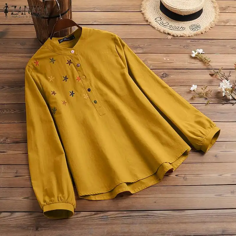 Фото Женские однотонные топы ZANZEA осень 2021 винтажные мешковатые блузы модная блузка с