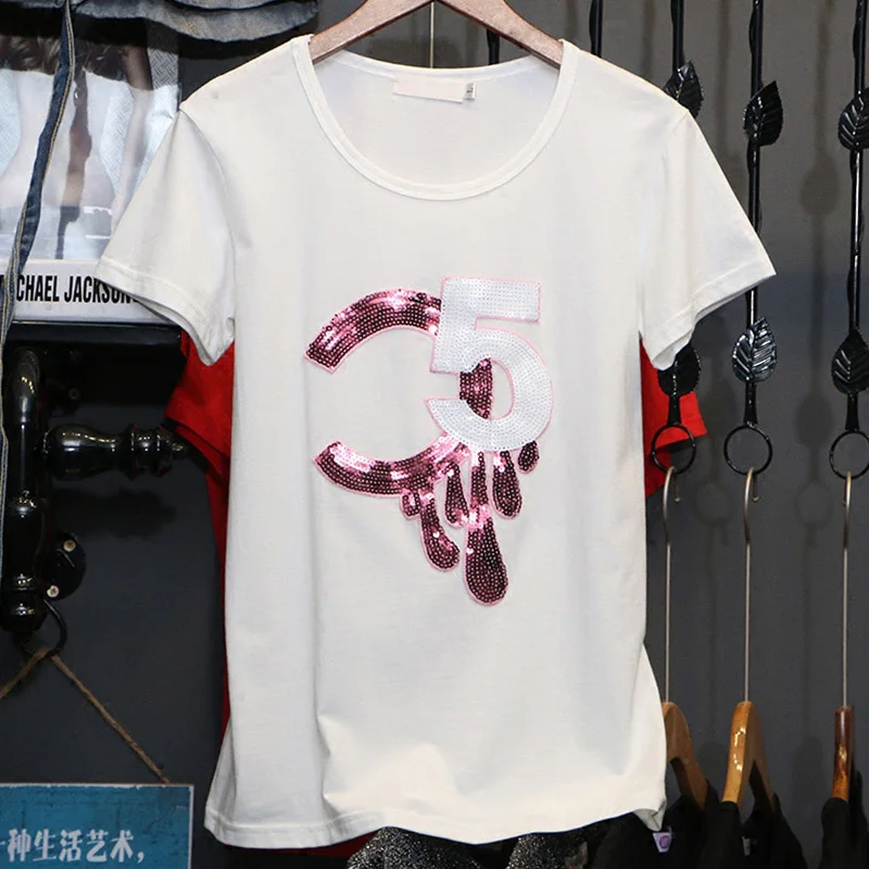 

Fashion New Summer Korean style Women Loose T-Shirt Creativity Sequin Alphabetic print Short Sleeve Casual White Female tops