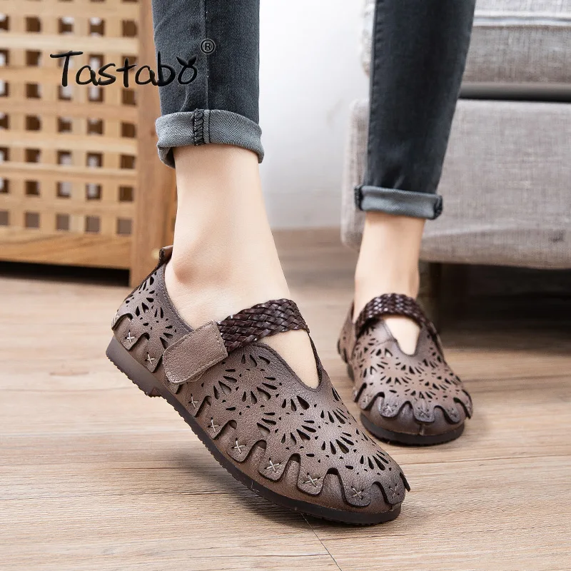 Tastabo Genuine Leather Handmade Women Shoes Casual shoes Hollow Everyday Sand White S2521 Asakuchi soft-soled Mom | Обувь