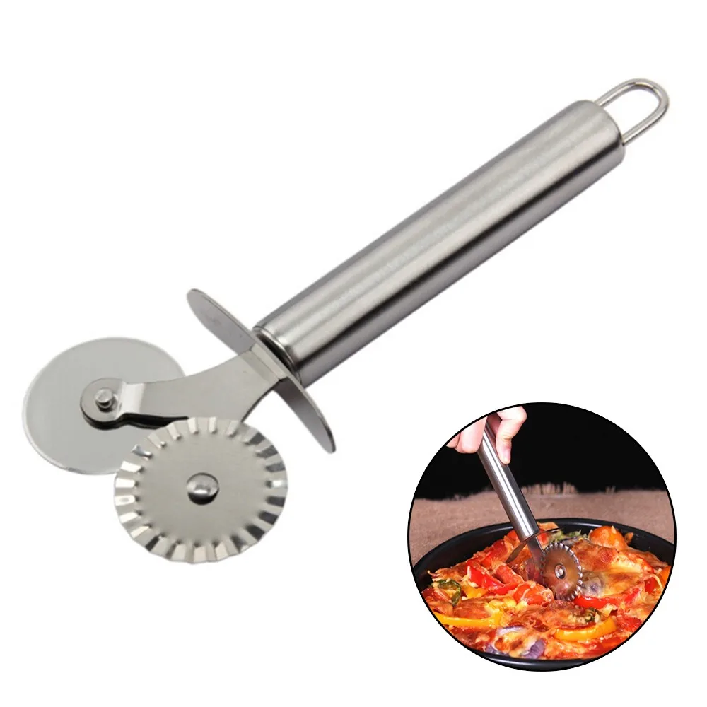 

1Pc Double Pizza Cutter Wheel Round Lace Pasta Knife Stainless Steel Tip Tools Utensil Flapjack Biscuit Kitchen Pizza Tools