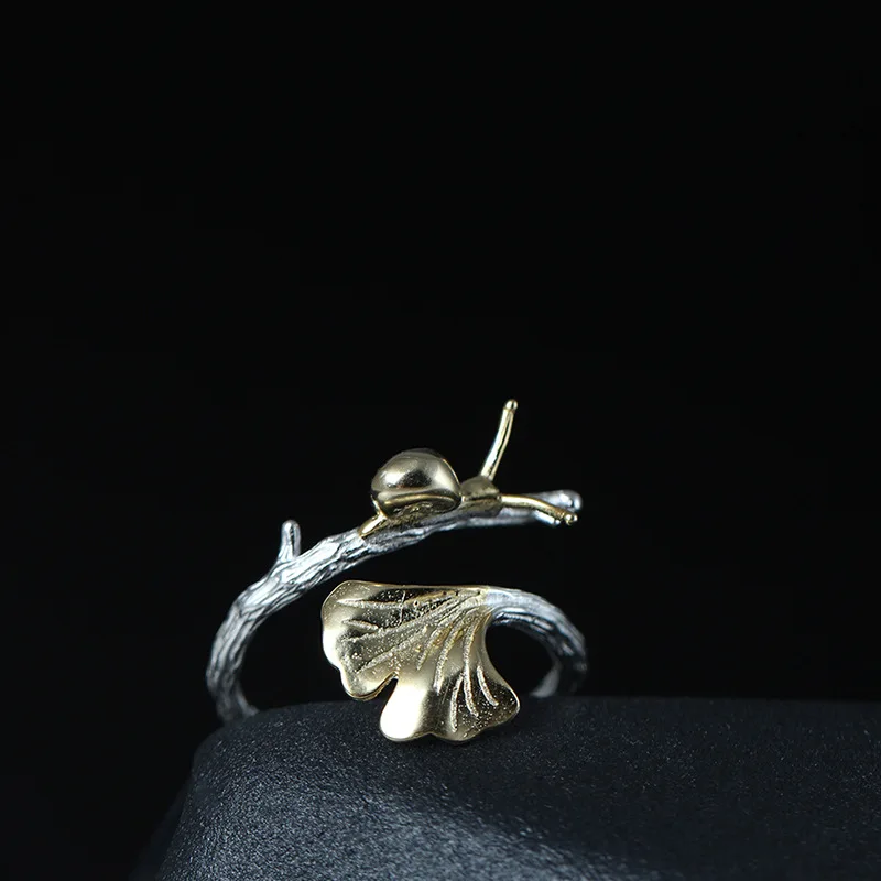 

925 Sterling Silver Chinese Style Literary Simple Ginkgo Leaf And Snail Open Ring Women Creative Unique Jewelry Accessories