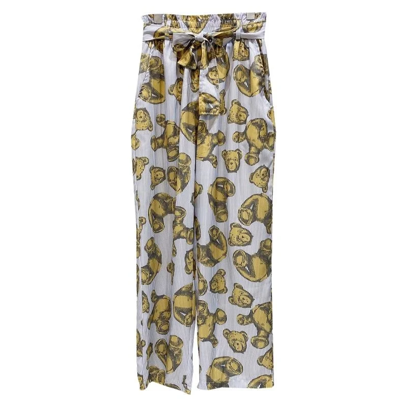

Cartoon Bear Design Belt Waist Pants Women 2021 Summer New Loose Pleated Pants Air Wide Leg Pants
