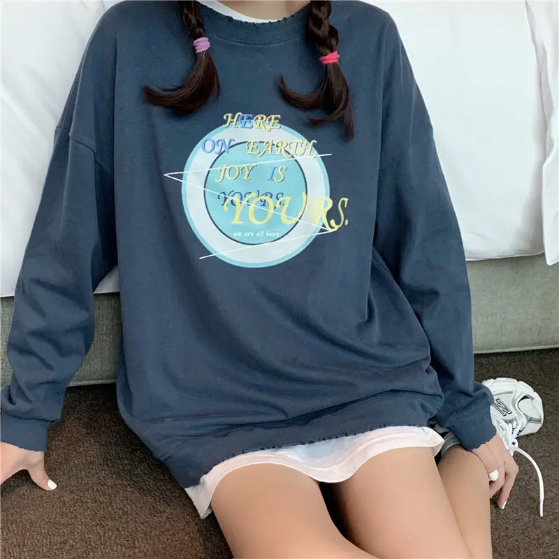 

New Korean round neck loose long sleeve T-shirt printed jacket