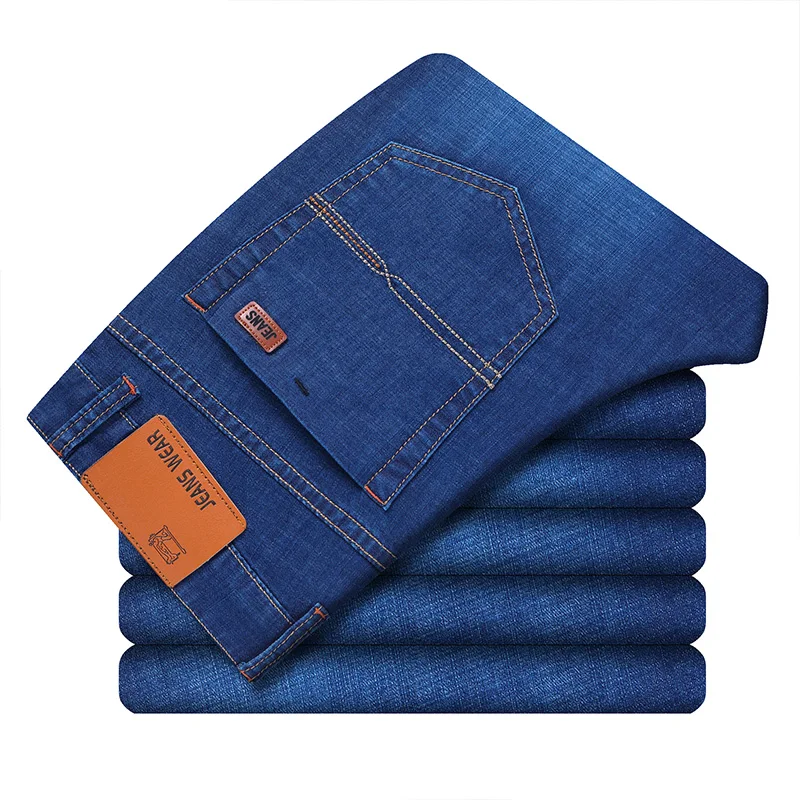 

QUANBO 2020 Summer New Thin High Elasticity Classic Jeans Men's Slim Straight Plus Size Business Casual Cotton Denim Trousers