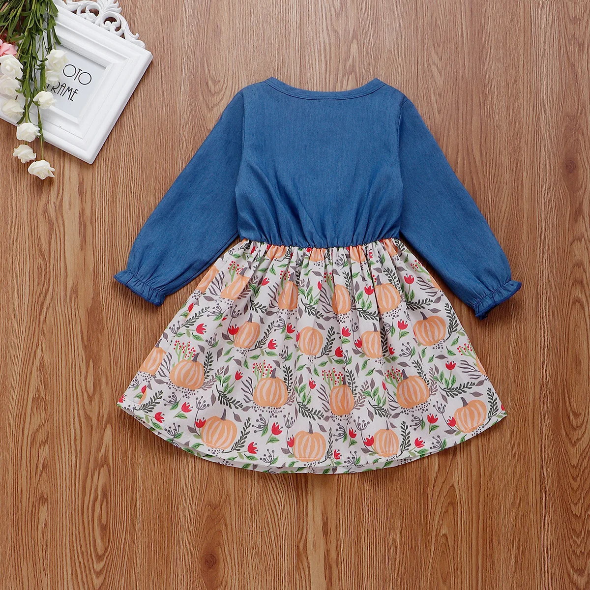 INS 2019 Girls Clothes Fashion Denim Dress Long Sleeves Autumn New Cartoon Pumpkin Kids Clothing Girl Costume | Детская одежда и