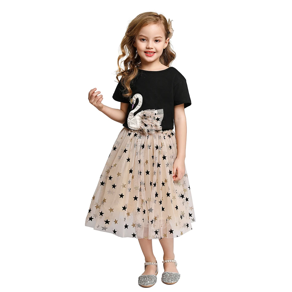 LUCKKIDS Girls Summer T Shirt and Sequined Dress 2Pcs Swan Kid Spring Casual Clothes Suit Tee+Star Tutu Skirt Set