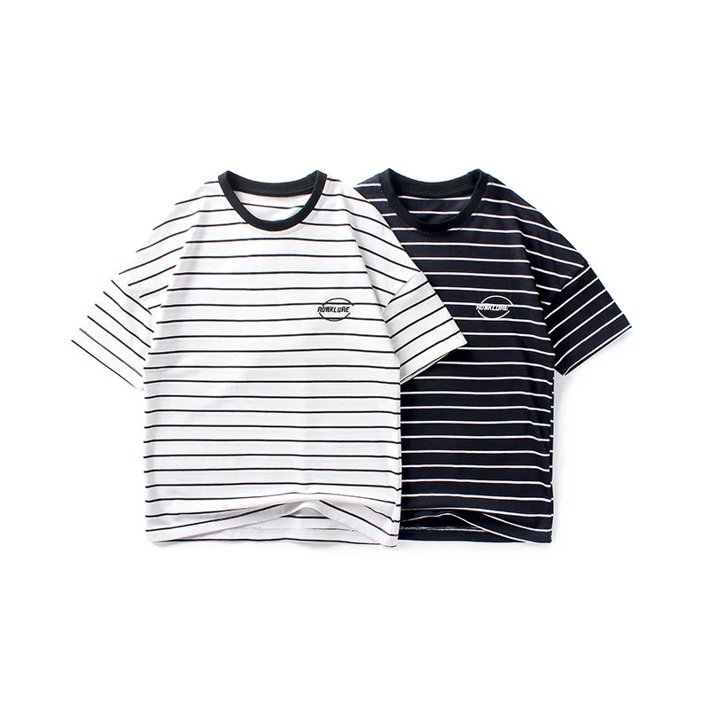 

VIDMID Korean boys' short sleeve T-shirt middle school children's stripe embroidered top Short Sleeve T-Shirt 4102 68