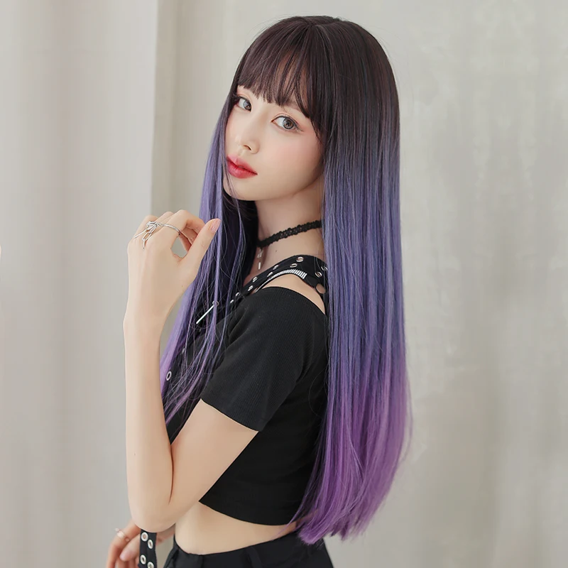 

Парики PIAOYUN, длинные прямые, три цвета, черный, синий, фиолетовый, синтетический парик с челкой, термостойкий парик 26 дюймов для женщин