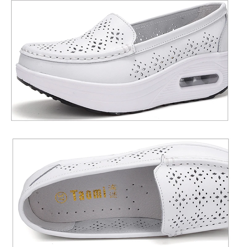 

Женские кожаные рваные туфли, дышащие туфли на воздушной подушке, однотонные туфли, повседневные Нескользящие лоферы на толстой подошве дл...