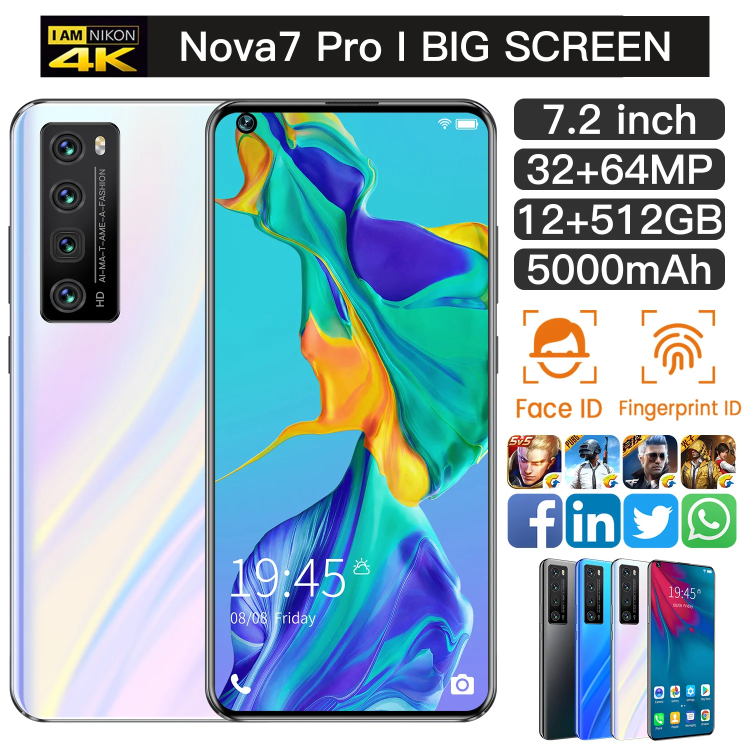 

Global Version Smartphones Nova7Pro Dual SIM Cellphones 7.2 MTK6899 64MP 12GB 512GB Android 10.0 5000Mah Cellular phones