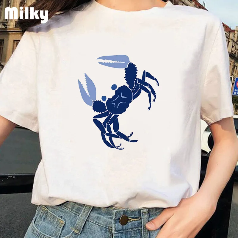 Женская футболка с принтом краба милые топы коротким рукавом и круглым вырезом