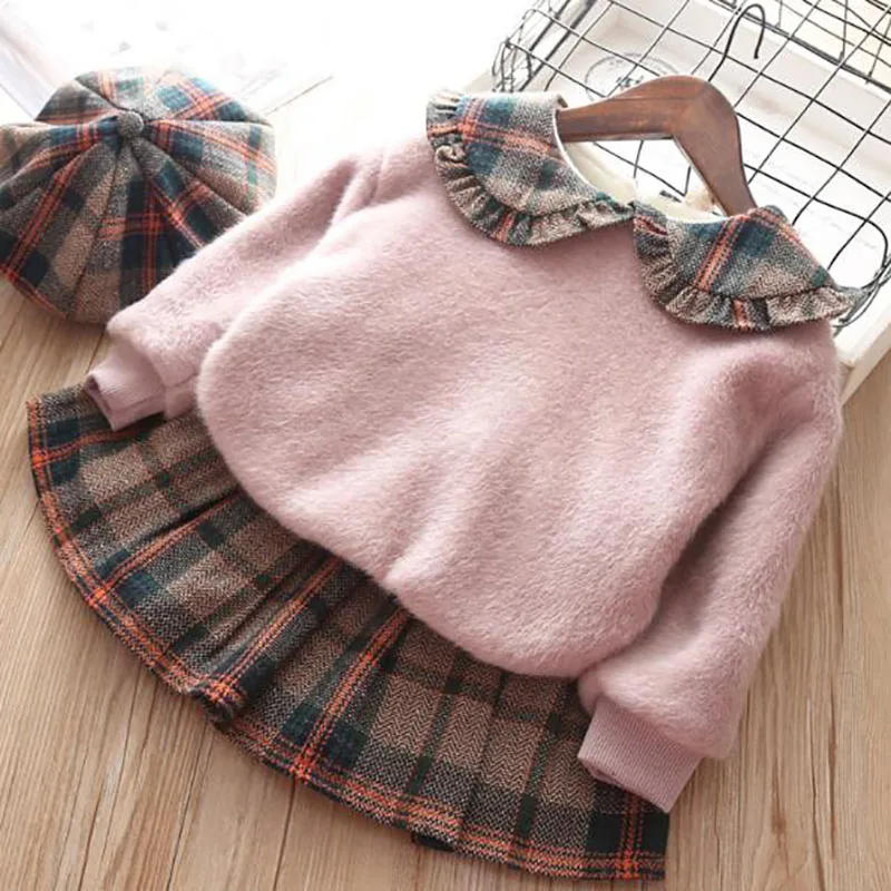 

2021 New Girls Winter Plush Clothes Baby Doll Collar Wool Sweater Baby Girl Clothes Warm Two-piece 1-5Y