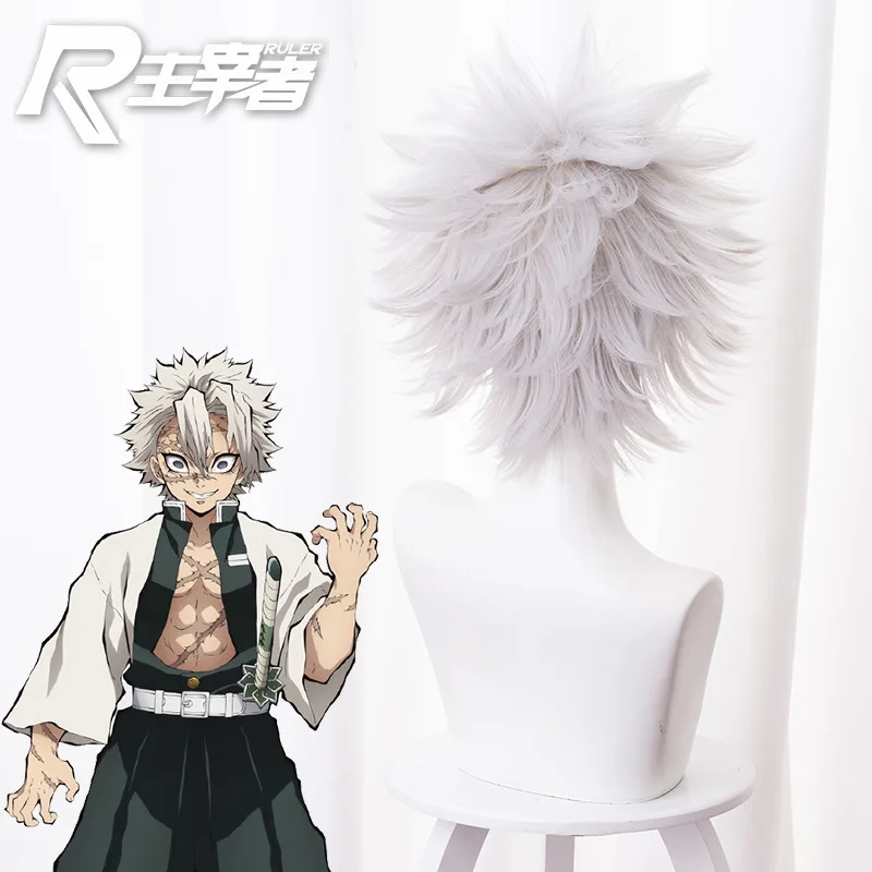 

32cm Demon Slayer Shinazugawa Sanemi Cosplay Wig Silver Gray Synthetic Heat Resistant Hair Kimetsu No Yaiba Anime Cosplay Wigs