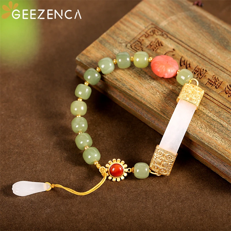 

GEEZENCA S925 Silver Gold Plated White Jade Women's Bracelet Multi Gemstones Jasper Agate Vintage Court Style Bracelets Bangle