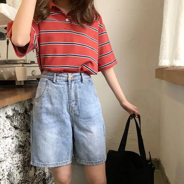 

Summer BF Retro High waist jeans shorts for female students
